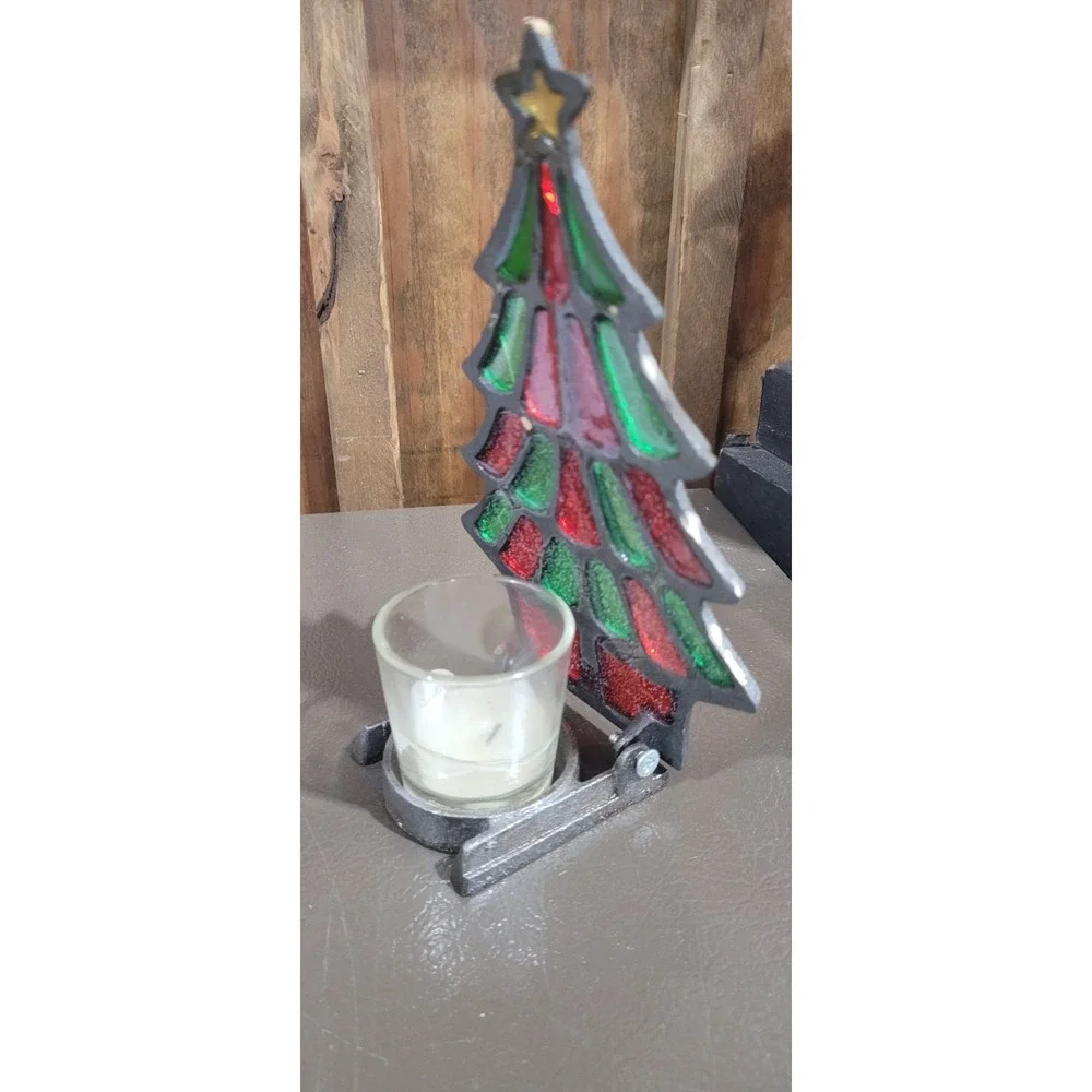 Vintage Interpur Cast Iron Stained Glass Christmas Tree Candle Holder 7.75